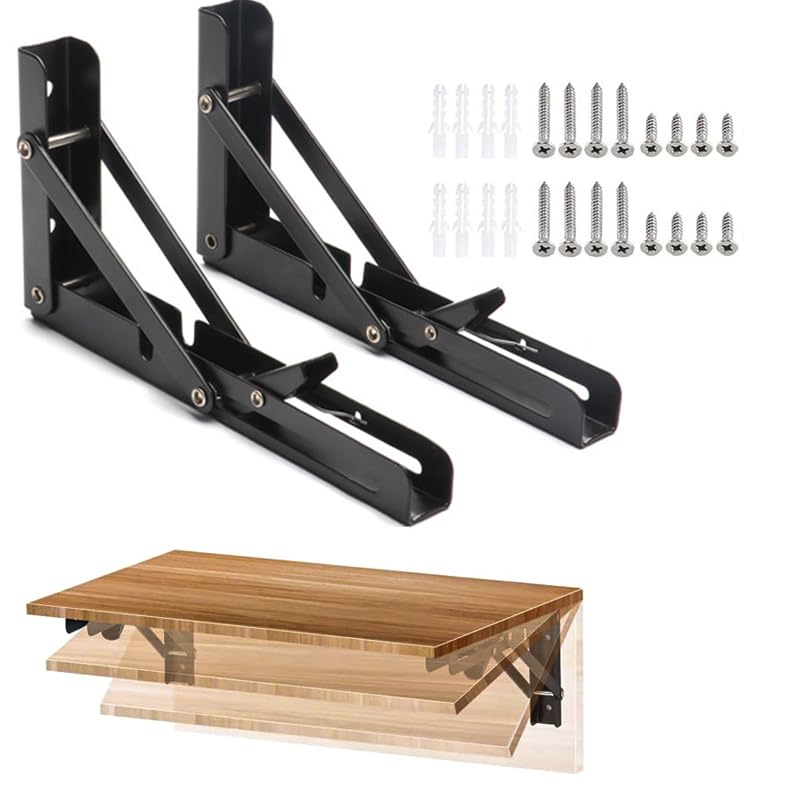 Folding Shelf Brackets, 2 Pcs Heavy Duty Collapsible Shelf Bracket, DIY Wall Mounted Folding Table Hinge, Space Saving for Bench Table with Screws (