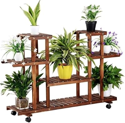 Yaheetech Soporte para Plantas Interiores y Exteriores Estantería Plantas Madera con Ruedas Desmontables Soporte para Macetas de 4 Niveles para Terreza Jardín Balcón