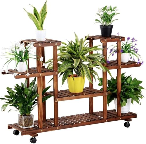 Yaheetech Soporte para Plantas Interiores y Exteriores Estantería Plantas Madera con Ruedas Desmontables Soporte para Macetas de 4 Niveles para Terreza Jardín Balcón