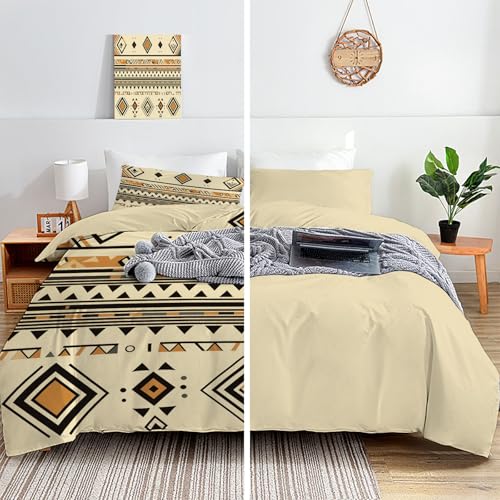 Linge de lit imprimé triangle carré aspect géométrie bordure ton terre