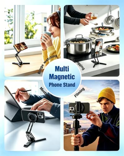 Image of CAMBOFOTO Magnetic Phone Holder for iPhone Aluminum Mini Tripod Stand Black | Strong Magnet Ring Phone Grip Stand for Desk, Adjustable Mount Compactible with MagSafe /Android Cellphone Calls Vlog Video