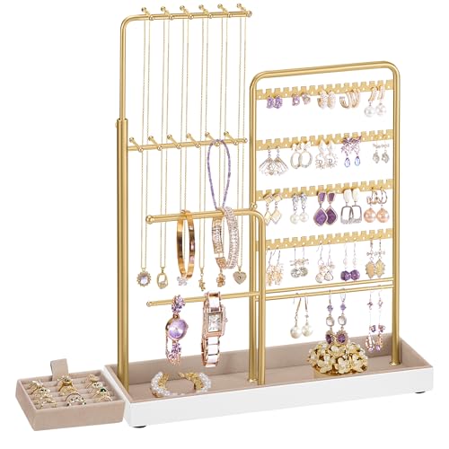 SONGMICS Schmuckständer, Schmuckhalter, Metallrahmen, Schmucktablett Samt, ausziehbarer Kettenhalter Ketten Aufhänger, 30,9-47,5 cm hoch, Schmuckaufbewahrung, blassgold JJS026A01