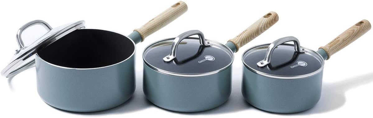 Mayflower Healthy Ceramic Non-Stick 6-Piece Saucepan Set with Lids, Vintage Wood Handle, PFAS-Free, Induction, Smoky Blue, Blue
