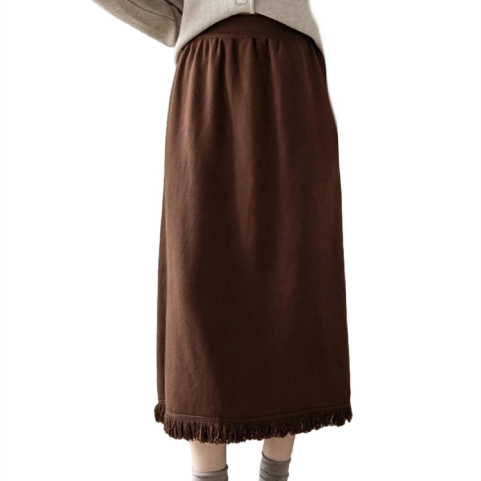 OLEETS Falda De Punto De Mujer - Falda De Punto De Longitud Media para Mujer, Otoño Invierno, Vintage, con Borlas Divididas, Ajustada, De Cintura Alta, Ropa De Calle Cálida para El Trabajo Y La O