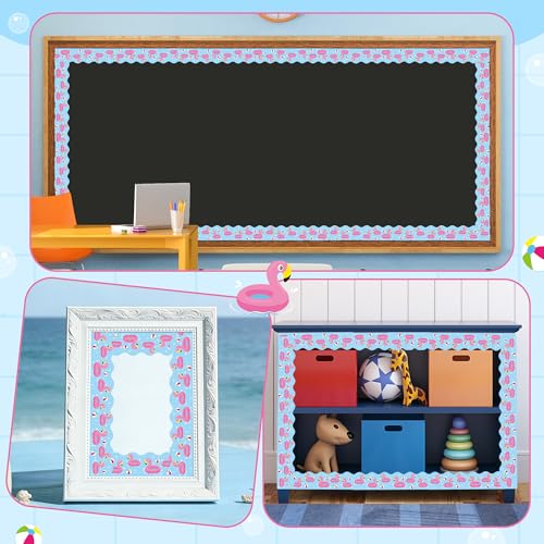 Image of BeYumi Summer Flamingo Border Trim - 65ft Back to School Pool Rolled Border | Tropical Flamingo Beach Swimming Pool Bulletin Board Set School Classroom Office Chalkboard Home Party Holiday Decoration