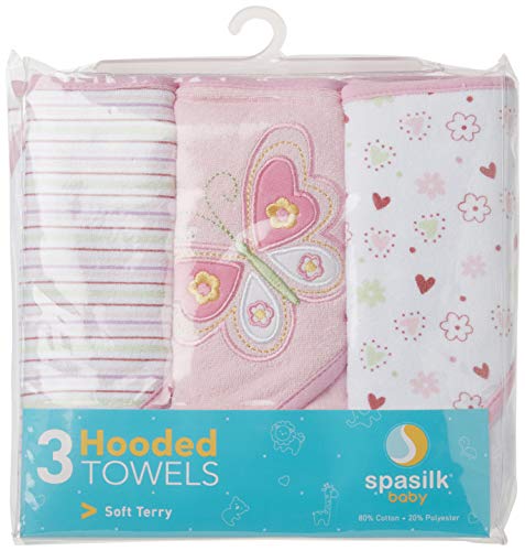 Image of Spasilk Baby 3 Pack Soft Terry Hooded Towel Set for Newborn Boys and Girls, 26x30 Inch, Pink Butterfly, (301-007)