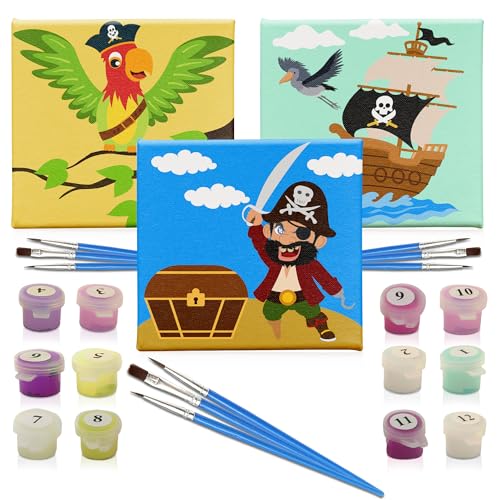 GODA Cuadros para pintar por numeros para niños, pack 3 manualidades niñas PIRATAS Con Marco, kit pinturas acuarelas niños | Pack regalos cumpleaños niños lienzos para pintar