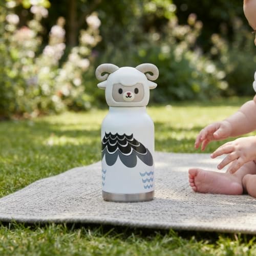 Image of JOUET Kids Stainless Steel Water Bottle 280ml with Cute Sheep Character Lid, White Leakproof Drinking Bottle for School, Travel & Daily Use