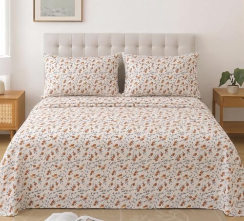 Image of IVAZA 240 TC Soft Ezyption Cotton Floral Print King Size Bedsheet - with 2 Pillow Covers, Hypoallergenic, Brethable, (Size- 90 x 90 Inch) Brown & White