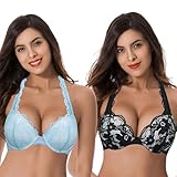 Curve Muse Women's Plus Size Add 1 and a Half Cup Push Up Underwire Convertible Lace Bras -2PK-Black,Lt Blue-42C