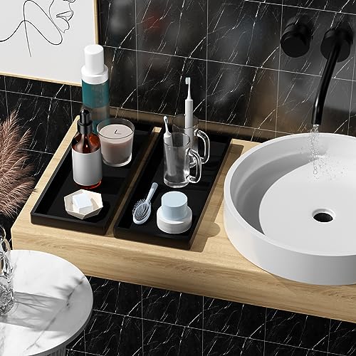 Image of BBK Bathroom Vanity Tray 11.8 in- 2 Pack(Large) Silicone Bathroom Tray for Counter, Perfume Key Trinket Ring Tray, Decor Soap Dispenser Countertop Tray for Kitchen Sink Organization (Black)