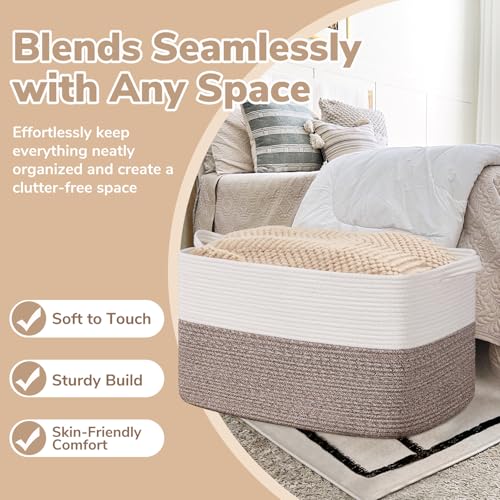 Image of Goodpick Large Woven Rope Blanket Basket, Rectangle, White & Brown