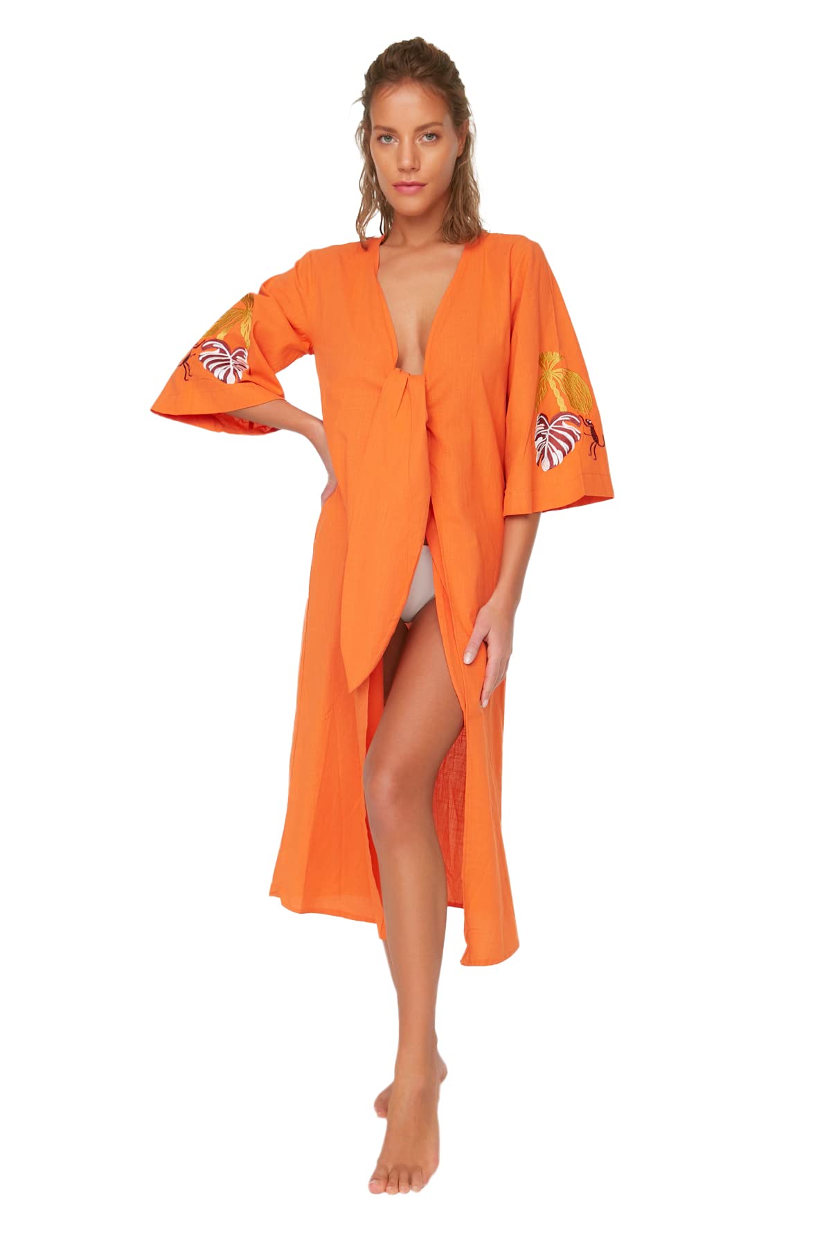 Trendyol Women's Orange Beachwear Regular Basic V Neck Woven Kimonos & Kaftans, 34