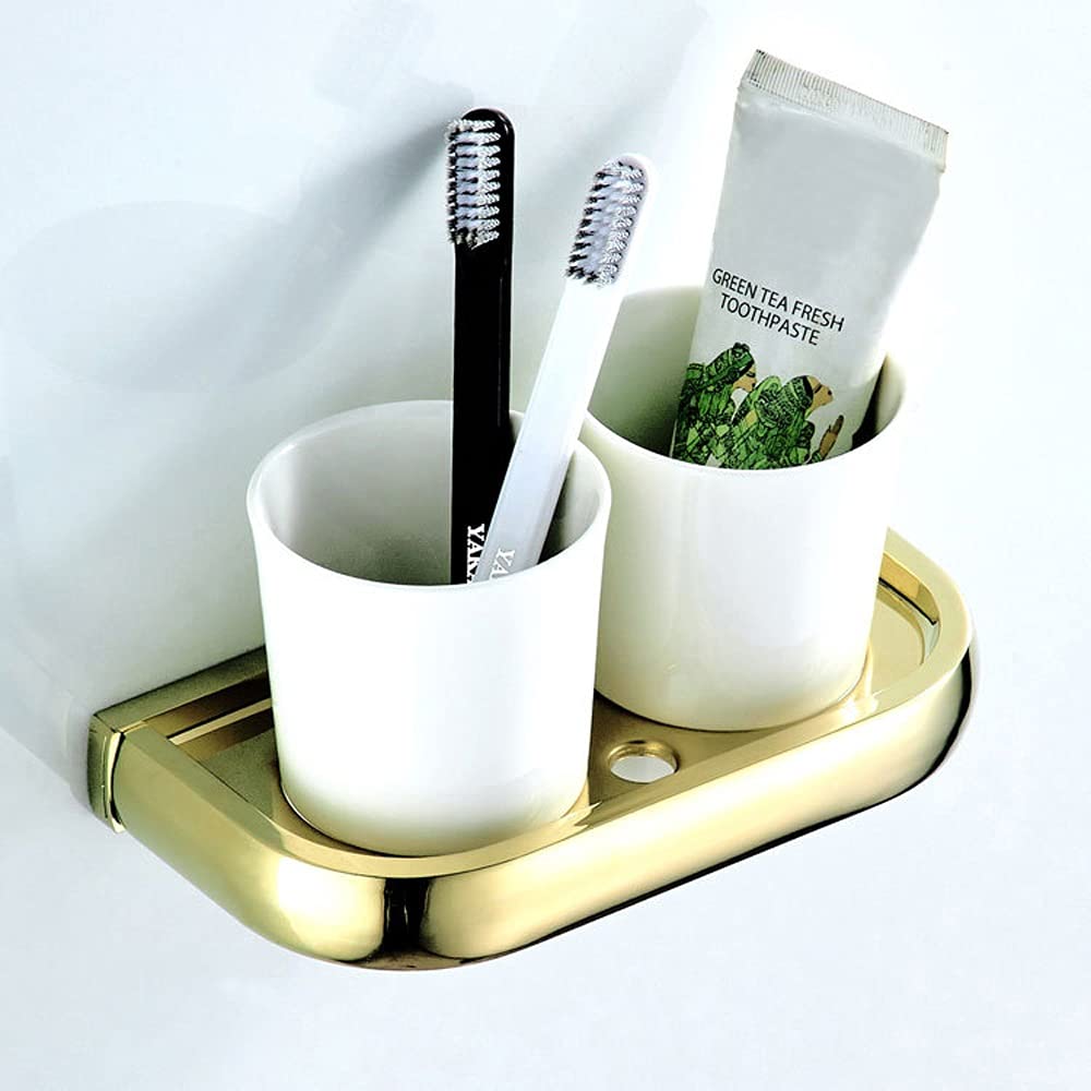 Soportes for cepillos de Dientes Juego de Soporte Doble for cepillos de Dientes Portavasos montado en la Pared con Dos Vasos de cerámica Blanca, Accesorios de baño Dorados