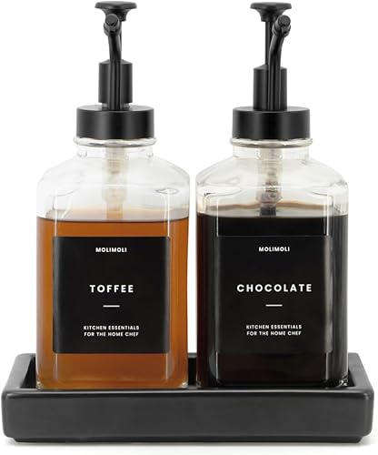 Molimoli Botella dispensadora de aceite cuadrada de oliva para cocina, dispensador de jarabe de café con vertedor automático, dispensador de