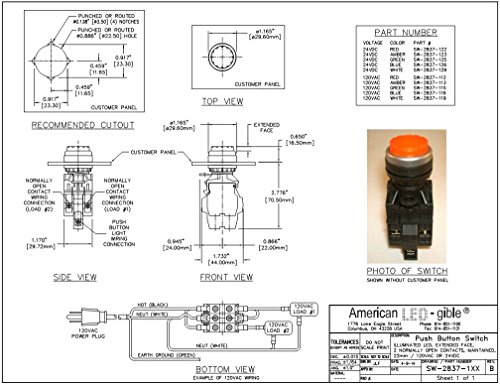 LED Andon SW-2837-115, 120VAC Illuminated Green Push button switch, Extended Face