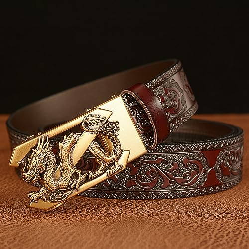 Vintage Men's Genuine Leather Ratchet Belt with Dragon Slide Buckle,Western Cowboy Leather Engraved Belt3