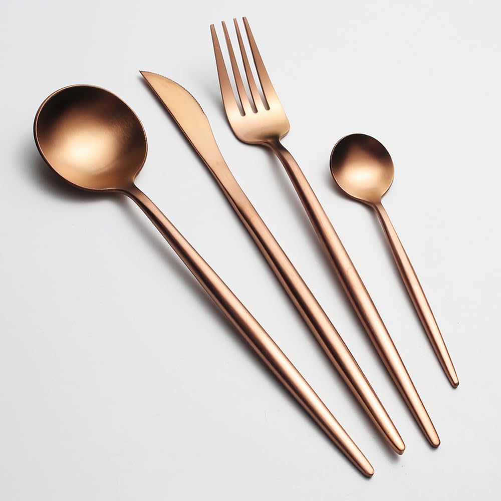 OLSKFUH Cutlery Flatware Cutlery Set, 4/16/24/32 Pieces Thickened Round Handle Knives, Spoons And Forks, Portuguese 304 Stainless Steel Tableware, Home Hotel Steak Knives And For,Rose Gold-4Set-16Pcs