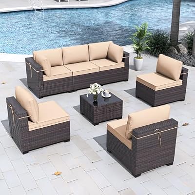 Gotland 7-Piece Outdoor Patio Furniture Set - All-Weather PE Rattan Sectional Wicker with Replaceable Khaki Waterproof Cushions & Coffee Table