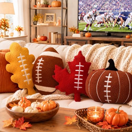 Image of HunnmingRe 4 Pcs Christmas Throw Pillows Fall Football Plush Pillows Winter Holiday Cushion Soft Decorative Cushions for Couch Bedroom Living Room Thanksgiving Xmas Decor (Earthy Color,Fall Football)