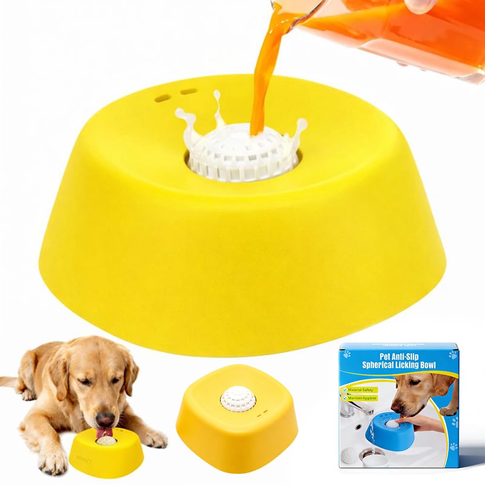 Slow Feeder Dog Bowl with Built-In Rolling Ball Anti-Slip Lick Bowl for Bone Broth & Yogurt Interactive Slow Feeding Bowl for Large Medium Small Dogs Dietary Supplement & Post-Op Nutrition Feeder-F