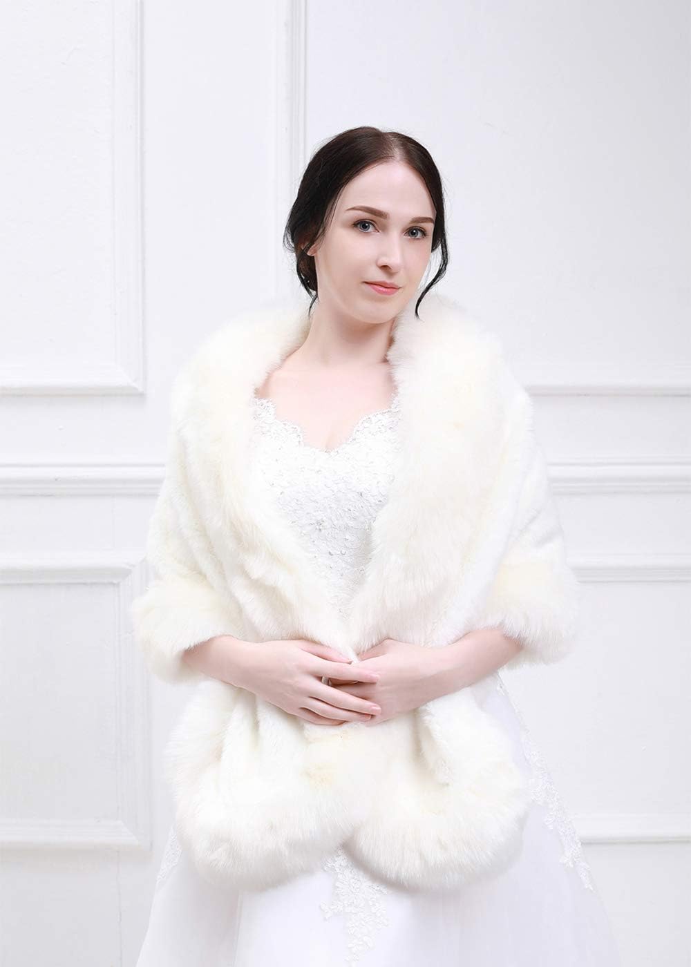 Bridal Faux Fur Wrap Wedding Fur Stole with Brooch Evening Party Warm Shrug Cape - Image 3