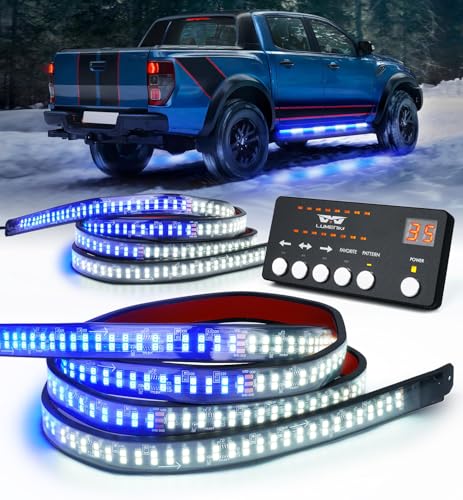 LUMENIX 2PCS 70 Inch Emergency Strobe Lights Strip LED Running Board Flexible Lights Bar Flashing Warning Hazard Safety Side Light for Law Enforcement Vehicles Trucks Pickups Volunteer- White Blue