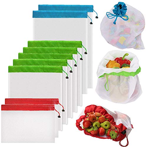 9Pcs Reusable Mesh Produce Bags, Berosy Washable Premium See-Through Lightweight Mesh Bags, for Fruit, Vegetable, Toys, Grocery, and Supermarket Shopping Storage, (2 Small, 5 Medium & 2 Large)