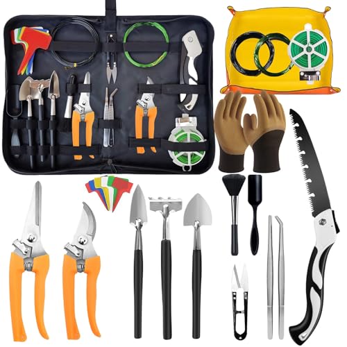 Bonsai Tools Set for Beginners, Bonsai Tree Kit with Training Wire, Scissors, Pruning Shears, Repotting Kit, Indoor Plant Tools Starter Kit (Orange with saws)
