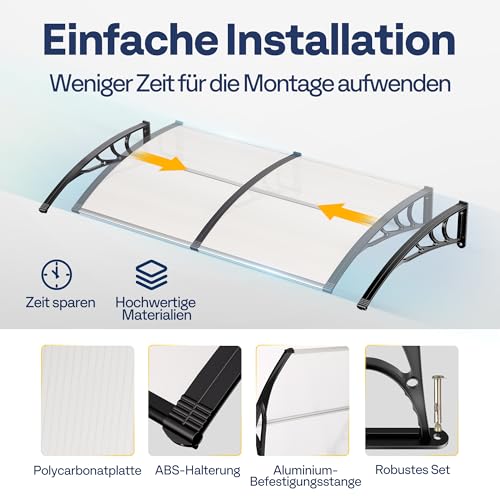 VIVOHOME Vordach für Haustür Fenster Markise 200×100cm Polycarbonat gespleißte Überdachung transparent Pultbogenvordach mit schwarzer Halterung für Sonnenschutz und Regenschutz