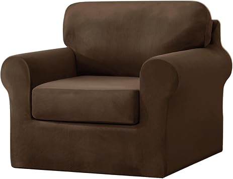 OOCCO 3-Piece Stretch Velvet Sofa Cover, Armchair Seater Couch Slipcover with Separate Backrests and Cushions Covers with Elastic Band Anti-Slip Furniture Protector Dark Brown,Armchair