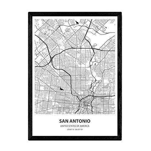 Nacnic Poster con mapa de San Antonio - USA. Láminas de ciudades de Estados Unidos con mares y ríos en color negro. Tamaño A3