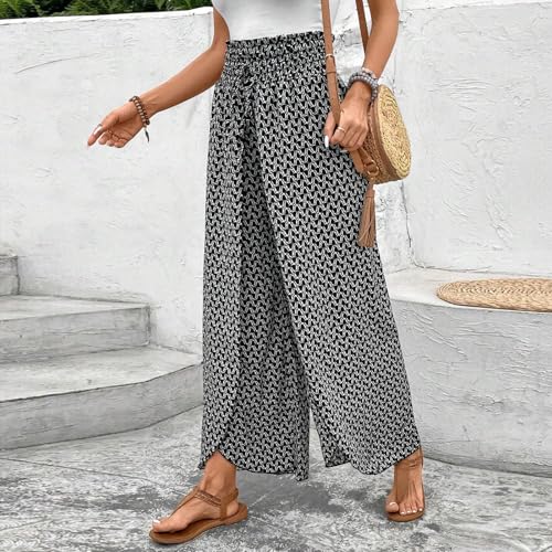 Floral Palazzo Pants for Women Casual High Waisted Tulip Hem Split Leg Pants Lightweight Summer Flowy Beach Trousers4