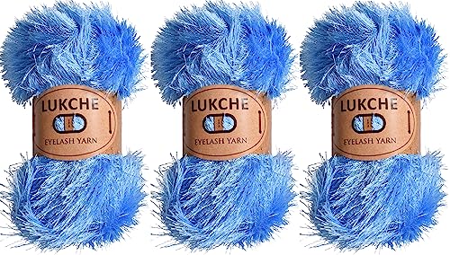 Image of Eyelash Fun Fur Yarn Premium 100% Polyester 164 Yds (150 Mt), 3.53 Oz (100 Gr) Colorful Crochet Yarn Dıy Hand Knitting (Blue, 3 Skein)