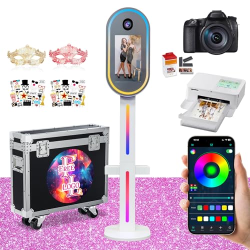 Oval Mirror Photo Booth with Camera and Printer, Portable Selfie DSLR Photo Booth with 15.6 inch Touch Screen APP Remote Control RGB Lights for Wedding Party Events Rental Christmas (White Full Set)