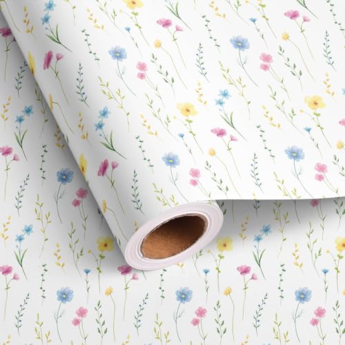 Dtiafu Floral Wrapping Paper Roll - White Wildflowers Leaves Design for Valentines Day Spring Wedding Baby Shower Mothers Day Birthday Total 28.5sq.ft