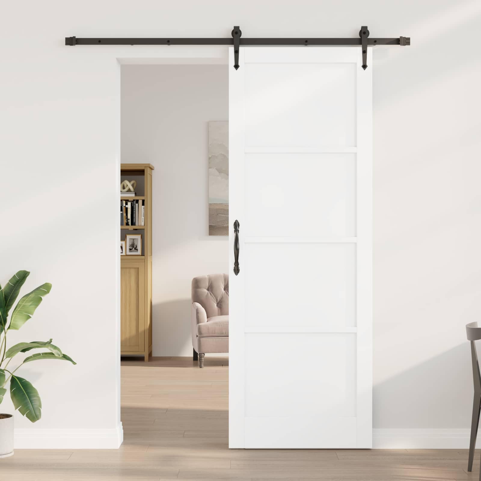 Schiebetür ORKDAL Weiß und Schwarz aus massivem Kiefernholz 83 x 232 cm mit pulverbeschichteter Stahlschiene, leises Gleiten, platzsparendes Design, ideal für Innenräume