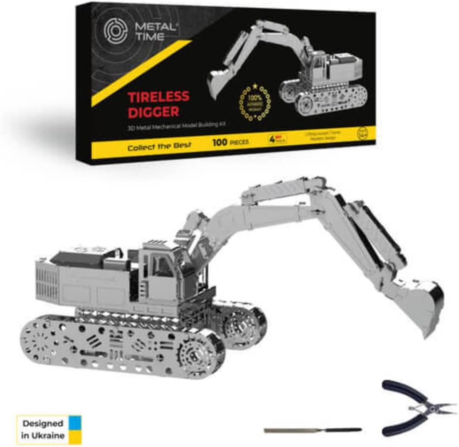 METAL-TIME TIRELESS Digger Excavator, Excavator Model, Metal Hydraulic Excavator Model, 3D Puzzle Building Crafts, Collectible Figurine, Stainless Steel DIY Construction with Toolbox, 100 Pieces.
