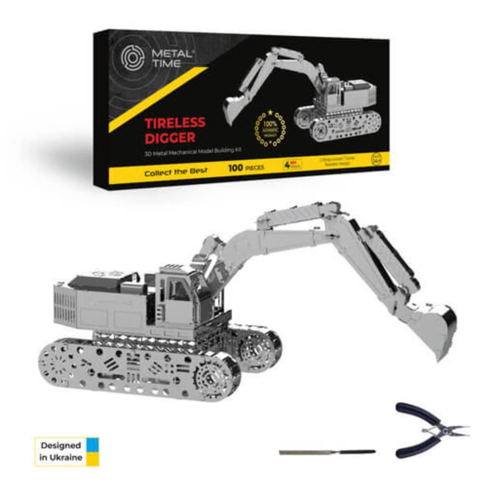 METAL-TIME TIRELESS BAGGER-BAGGER, Baggermodell, hydraulisches Baggermodell aus Metall, 3D-Puzzle-Bauhandwerk, Sammelfigur, DIY-Konstruktion aus Edelstahl mit Werkzeugkasten, 100 Teile.