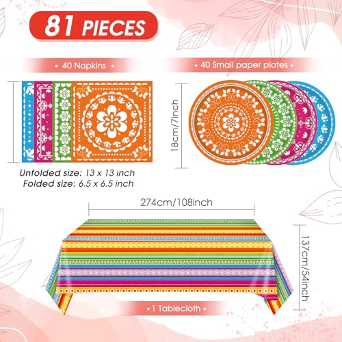 Image of 81PCS Mexican Fiesta Party Decorations Mexican Cinco De Mayo Party Decorations Supplies Mexican Disposable Paper Plates Napkins Mexico Plastic Tablecloth Fiesta Ware Dinnerware for Taco Party Decor