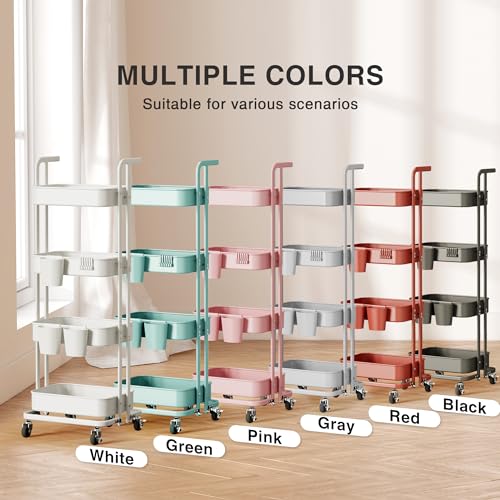 Image of DTK 4 Tier Foldable Rolling Cart, Metal Utility Cart with Lockable Wheels, Folding Storage Trolley for Living Room, Kitchen, Bathroom, Bedroom and Office, White