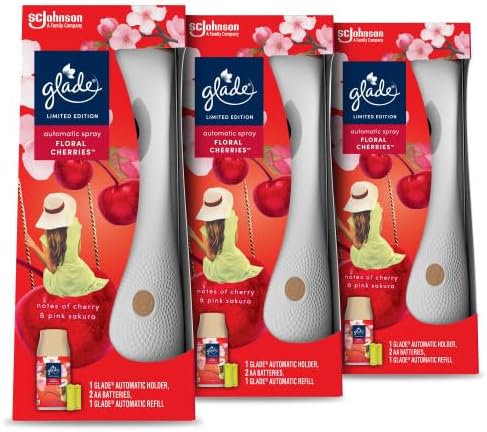 Automatic Air Freshener Holder & Refill, Room Spray & Odour Eliminator for Home, Frosted Floral Cherries, Pack of 3 Starter Kits, (3 x Holder and 3 x 269ml Refills)