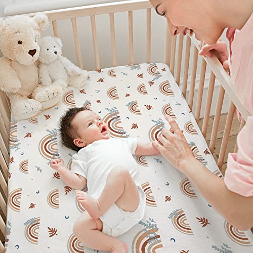 Pack And Play Sheets 2 Pack Stretchy Pack N Play Sheets With Elastic Band, Portable Mini Crib Sheets Fitted Most Standard Size Crib Mattress, Soft And Breathable Material(Rainbow And Rabbit) #TOP1