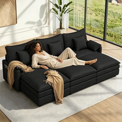 Image of Vesgantti 108 inch Cloud Couch for Living Room, t6 Seats Deep Seat Sectional Modular Sleeper Sofa, Double Cushion Corduroy Sofa Bed Couches Easy Rearrange for Living Room, Apartment, Office, Black
