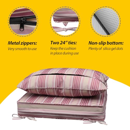 Image of AAAAAcessories Outdoor Seat Cushions for Chairs, Fade-Resistant, Waterproof Patio Furniture Replacement Cushions, 22 inch x 22 inch x 3 inch + 22 inch x 17 inch, Dusty Rose Garden Stripe