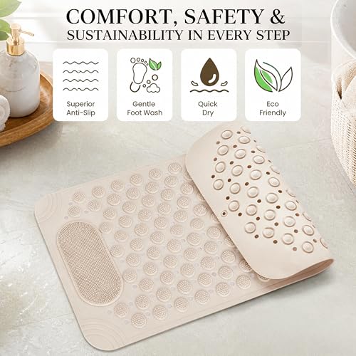 Image of Storite Rectangular Anti Skid Bath Mat with Foot Scrubber for Bath Room Shower Mat with Suction Cups & Drain Holes Silicone Floor Mat for Kids & Adults (70 X 35cm, Beige)