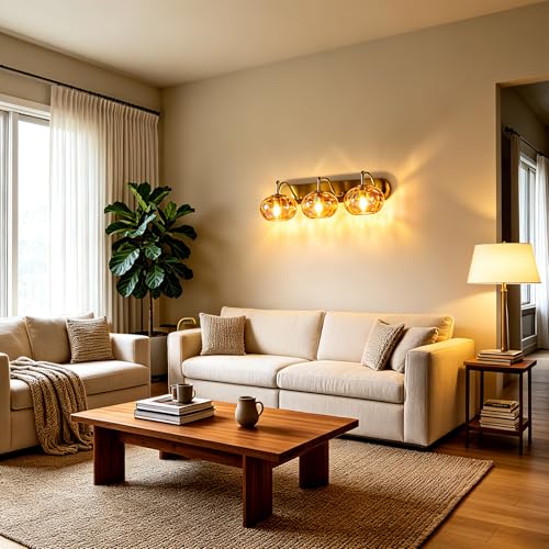 Image of 23 inch Brushed Gold Vanity Light Stained Amber Hammered Glass Wall Sconce 3-Light Brass Wall Lamp for Hallway Living Room Stairwell Bathroom Over Mirror