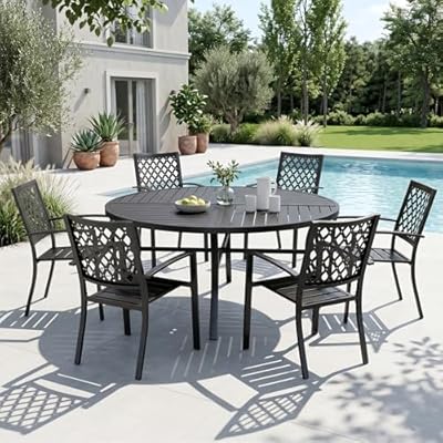 Sophia & William Round Patio Table and Chairs Set, Outdoor Dining Set for 6, 7 Piece Metal Patio Furniture, 54" Black Table(Diamond)