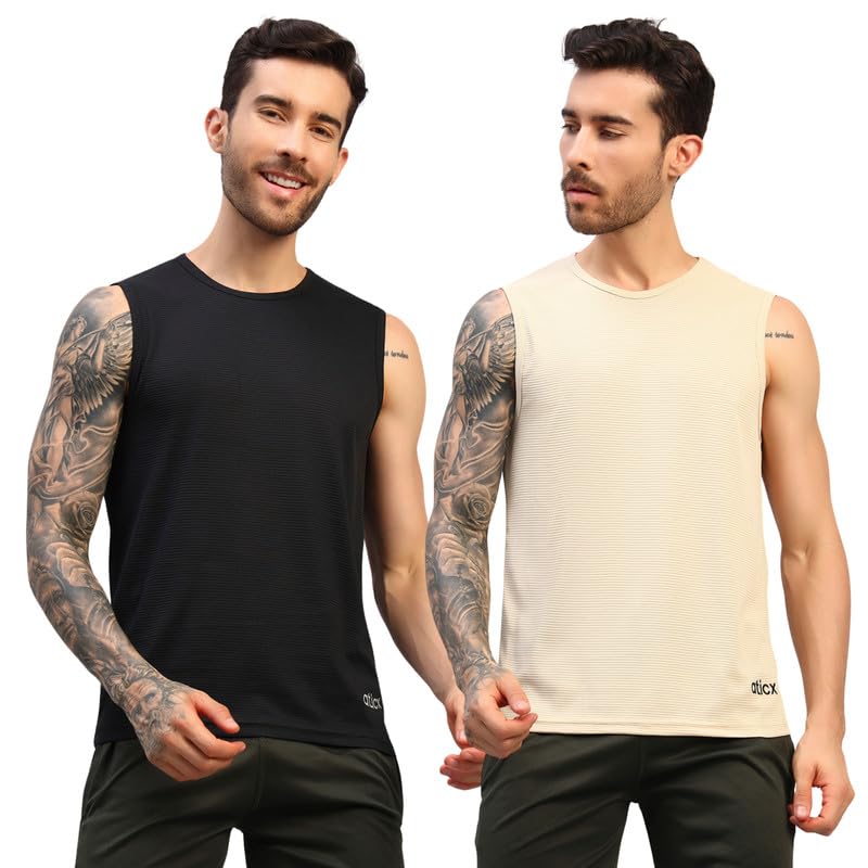 Image of ATICX Men's Slim Fit Sleeveless Sports T-Shirt - Gym Vest, Quick Dry Breathable Training Tank Top for Workout, Running, Cycling, Badminton, Basketball & Swimming Training Wear