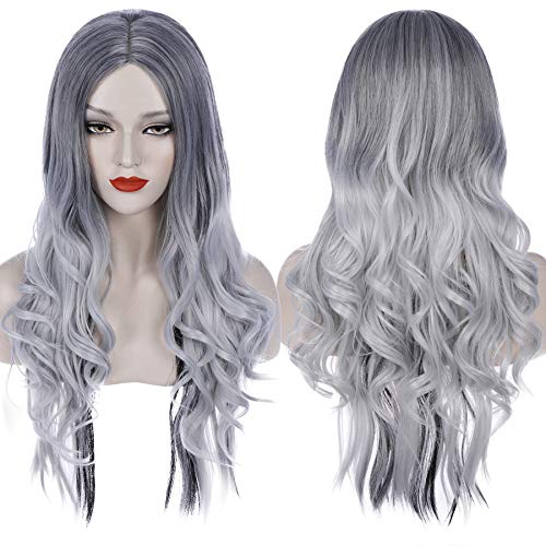 Womens Silver Grey Wigs for Witch Costume Cosplay Ombre Black Mix Gray Long Curly Wavy Wigs Perfecet for Halloween Party Cosplay Costume K010